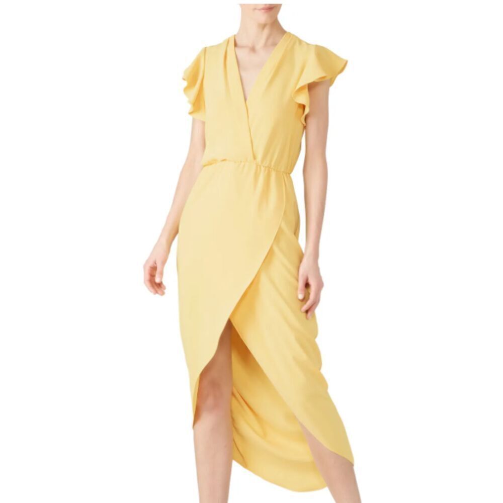 Amanda Uprichard Martinique Dress Yellow Crepe Wrap Look Flutter Sleeve Size‎ S